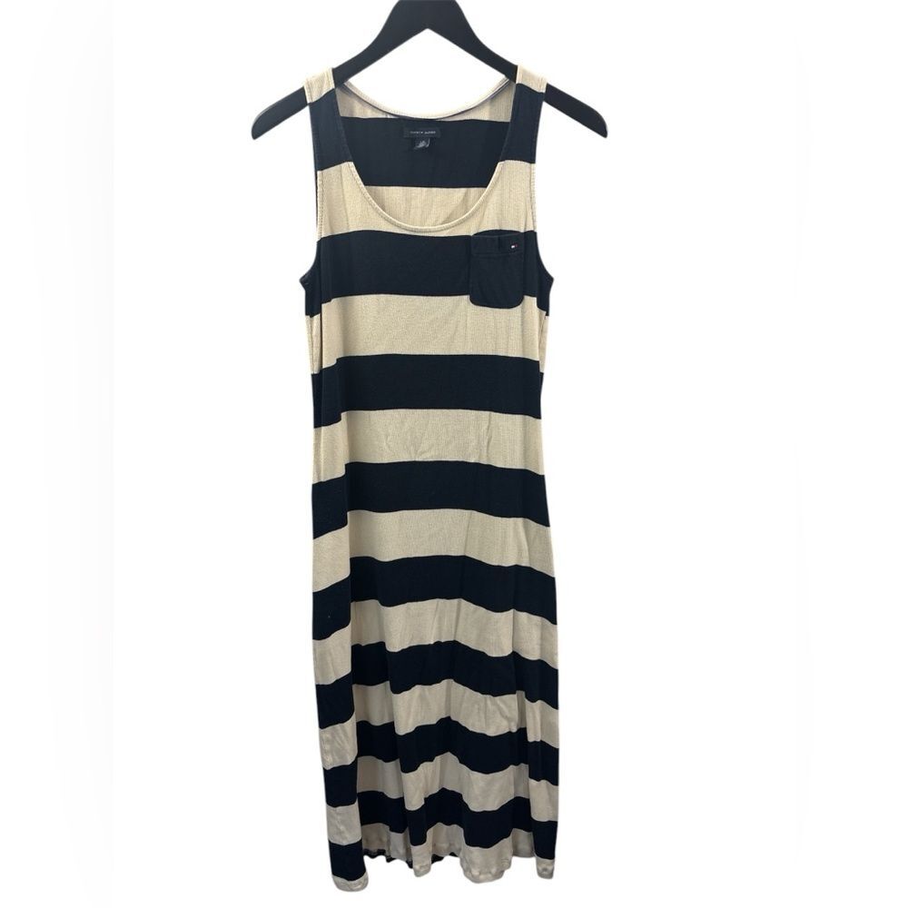 Tommy Hilfiger Tank Maxi Dress Sz L Navy blue Cream Stripe Nautical Americana